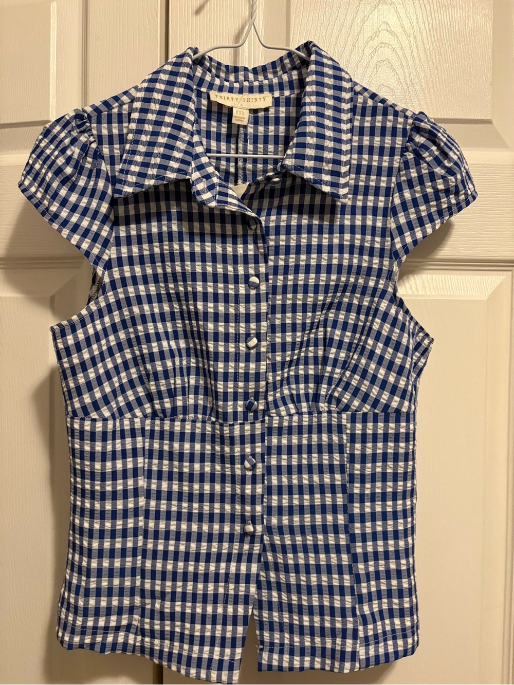 New with Tags Blue Gingham Cap Sleeve Button-Front Top